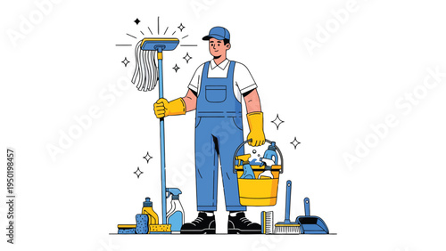Cleanliness Champion: A dedicated cleaner, fully equipped with essential cleaning tools, stands ready to transform spaces, embodying the values of meticulous service and sparkling hygiene.