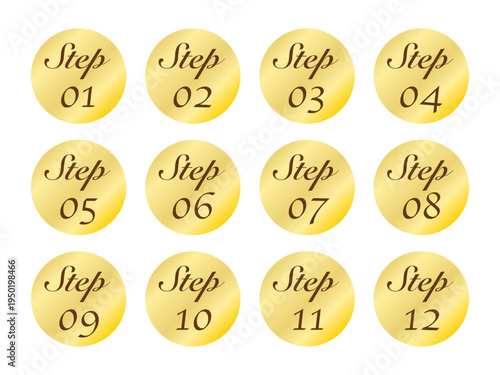 金色の丸型ステップインジケーター（Step01〜Step12）進行表示アイコンセット