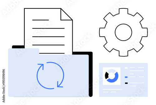 Document management system. Digital file folder with update arrow, settings gear symbol, and data components for seamless document management. Ideal for workflow, software, business, archive