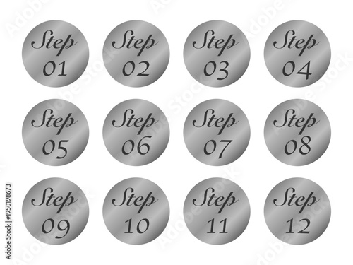 モノクロメタル風デザインの丸型ステップ表示アイコンセット