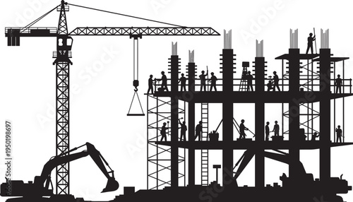 Construction site vector illustration featuring building silhouette, tower crane, excavator machinery, and professional workers working on multi-story structure for urban development and 