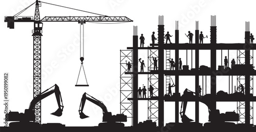 Detailed construction site silhouette vector with tower crane, two excavators, and many workers building a multi-story concrete structure for urban development and industry.