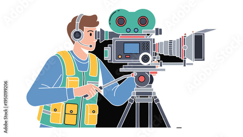 Behind the Lens: A skilled cameraman diligently operates a vintage camera, capturing the essence of a scene. The image portrays precision and dedication in the art of filmmaking.