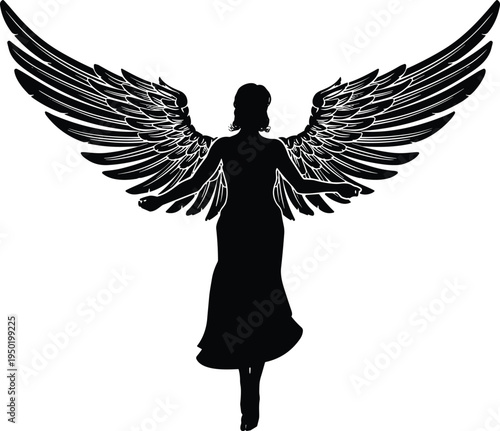 Black angel silhouette with large detailed wings, mysterious female figure flying isolated on white background, spiritual guardian concept, gothic fantasy illustration, heavenly fallen angel symbol