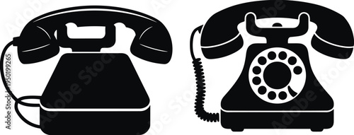 Black silhouette illustration of two vintage rotary telephones, classic desk phone icons isolated on light background, retro communication technology concept for design and stock