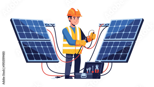Harnessing the Sun's Power: A dedicated electrician meticulously inspects and connects solar panels, symbolizing the forefront of sustainable energy solutions.