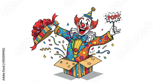 A colorful cartoon clown emerges from a gift box, holding a wrapped present and a 'TOP!' sign, surrounded by confetti and ribbons on a white background with a playful mood.