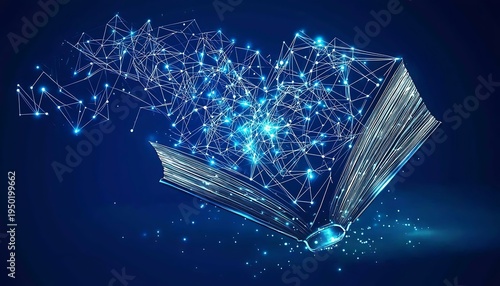 Abstract visualization of digital information flying from open book pages in blue light