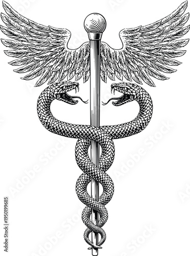 Caduceus medical symbol with wings and intertwined snakes vintage engraving vector illustration healthcare medicine emblem pharmacy logo isolated on light background