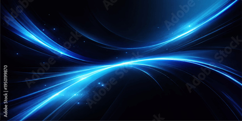 Dynamic blue abstract background featuring glowing stars and flowing wave lines with bright light energy in a digital fractal design