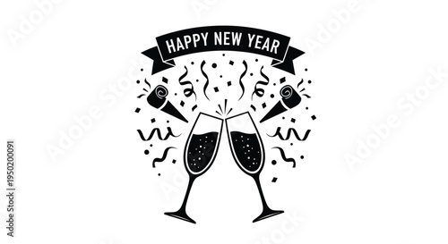 Celebratory new year design with glasses and confetti black silhouette
