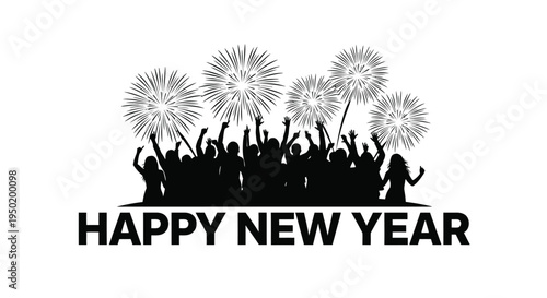 Celebratory crowd with fireworks display and new year wishes silhouette