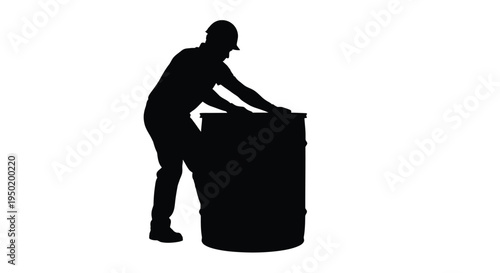 Worker pushing a barrel dramatic black shape against a white background silhouette