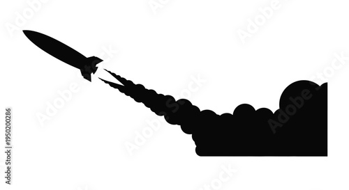 A black silhouette of a rocket launching with fiery exhaust silhouette