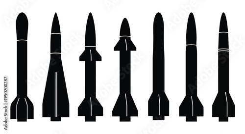 A collection of rocket designs presented as a stark silhouette