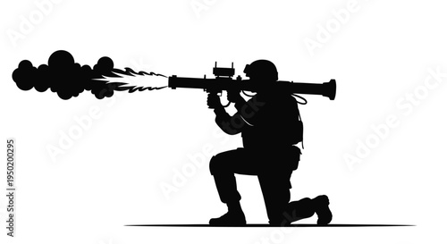 Soldier firing a rocket propelled grenade dramatic black silhouette