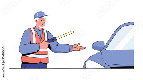 Car Park Attendant: A parking attendant guides a car with a sense of authority, while the background emphasizes the focus on the act of directing the vehicle.