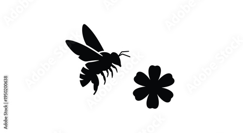 A black silhouette of a bee approaching a flower silhouette