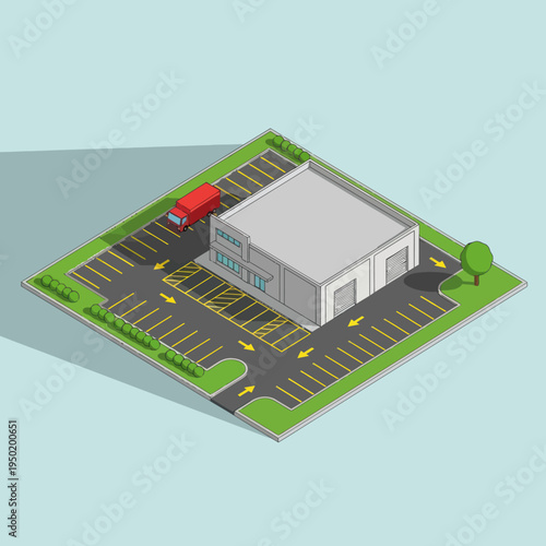 Isometric Warehouse Building with Parking Lot.
