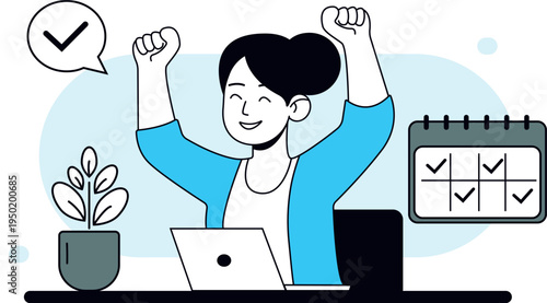 Happy young woman celebrating success while working on a laptop. The girl sits at a desk with raised hands, expressing excitement and achievement.