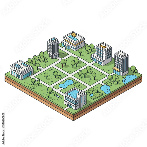 Bild auf Leinwand Isometric City Block with Buildings and Parks.