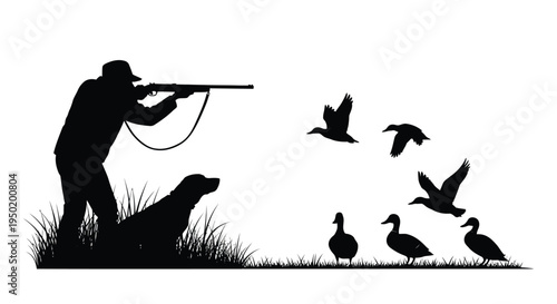 Hunter dog and ducks in a striking black silhouette
