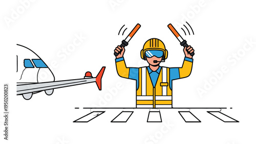 Directing Air Traffic: A ground crew member expertly guides an aircraft, employing hand signals with illuminated wands to ensure safe operations on the airfield.