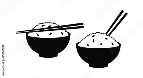 Two bowls of rice with chopsticks a striking black silhouette