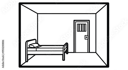 Simple prison cell interior with a bed and door black silhouette
