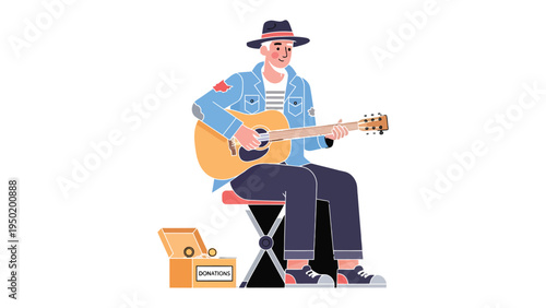 Harmonious Melody: An illustration of a street musician engrossed in playing his guitar, seated with an open case, capturing a moment of musical expression and artistic creativity.
