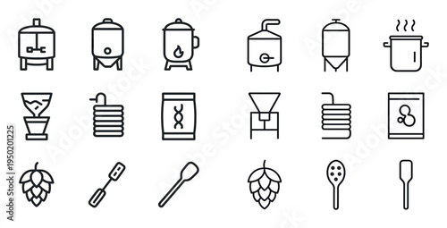 Brewery icons with kettle hop spoon outline