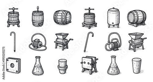 Winemaking icons with barrel press grape sketch