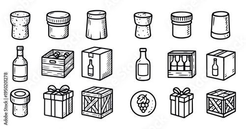 Wine packaging icons with bottle crate gift sketch