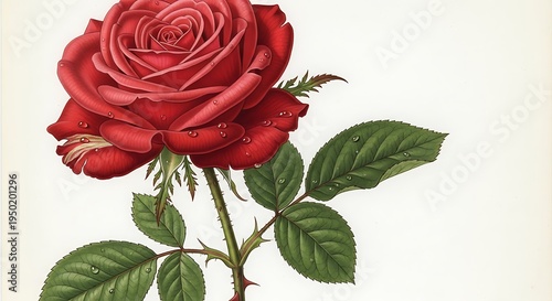 Deep red rose bloom displays detailed petals and foliage against a pale background