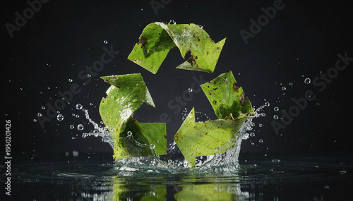 Green Leaves Form Recycle Symbol with Water Splash on Dark Background