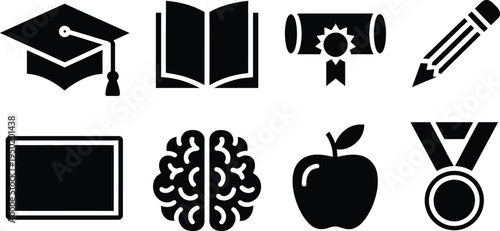 Simple set of black vector icons for education with symbols and illustrations