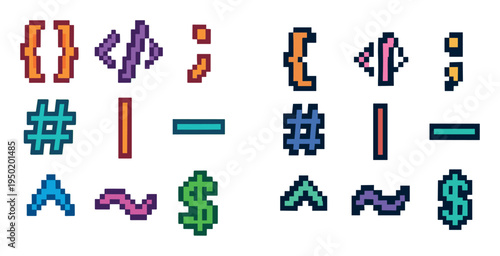 Tech icons with brace hash dollar pixel