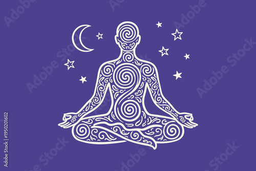 Spiritual Yoga Meditation Illustration with Celestial Moon and Stars