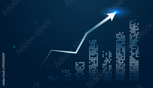 A sleek white technology arrow points upward, symbolizing rapid growth in Finance and Business through modern technology. with Digital pixels form a rising bar chart concepts