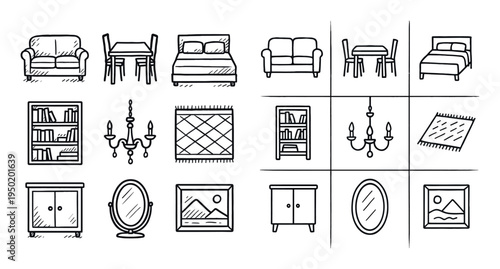 Furniture icons with sofa table bed sketch