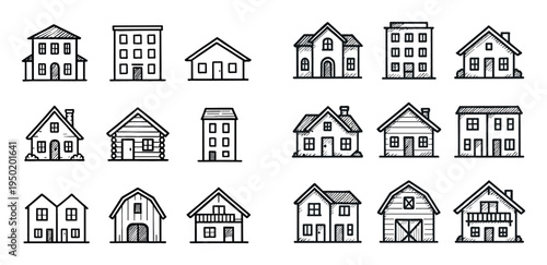 Real estate icons with house cottage barn outline