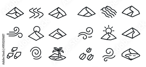 Desert icons with dune wind palm outline
