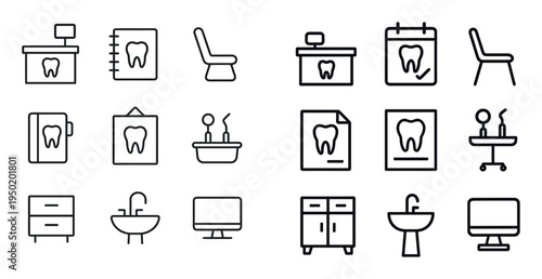 Dental clinic icons with tooth chair sink outline