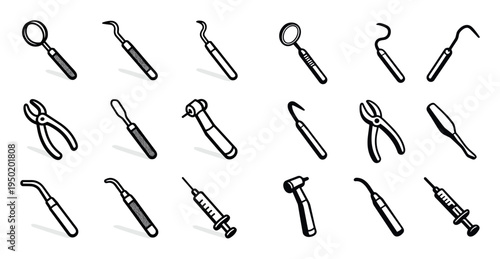 Dental icons with mirror probe drill outline