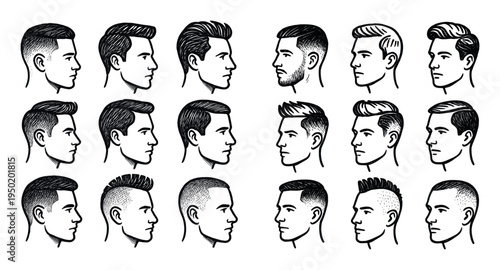 Grooming icons with male head haircut outline