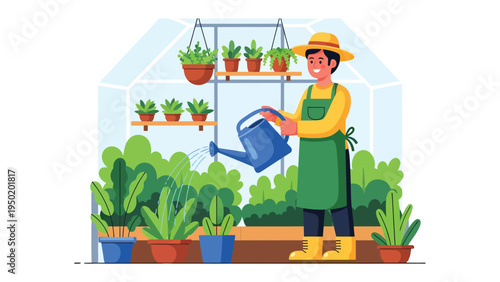 Greenhouse Gardener: A person diligently waters thriving plants and potted flowers inside a sunlit greenhouse. This vibrant scene highlights the beauty of the plants.