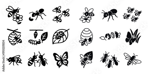 Nature icons with bee ant flower outline