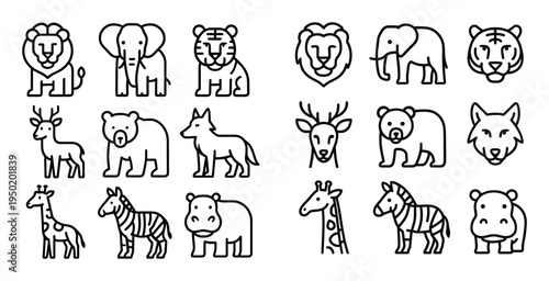 Wildlife icons with lion elephant and tiger outline