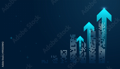 Glowing arrow surges across a blue grid, illustrating a successful Business strategy backed by data technology. and concepts of Finance and technology, with an upward trending arrow