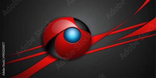 Abstract red background with vector circles and a 3d glass sphere design featuring orange art and black button icons